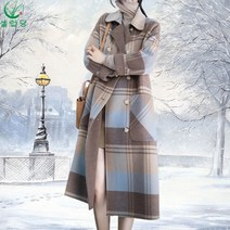 셀럽당 여성용 체크 모직 하프 코트 루즈핏 겨울 롱 트렌치코트