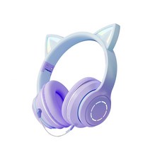 블루투스 헤드셋 LED 고양이 귀 헤드폰 게임 통화 선물 헤드폰+이어폰 마이크 게이밍 헤드셋 성인/유아헤드셋 키즈/어린이 해드셋 청력보호, 자주색