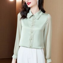 [이꾸띠] 이셔트리 봄 가을 2040 여성 버튼다운 카라 무지 진주 버튼 포인트 단아한 스타일 3컬러 쉬폰 블라우스