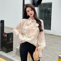 리본블라우스 셔츠 긴 소매 풀오버 퍼프 소매 우아한 선명한 실크 출퇴근