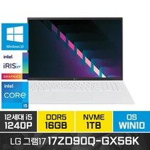 LG전자 2022 그램17 17ZD90Q-GX56K 17인치 인텔 i5 윈도우10 [한컴오피스증정], WIN10 Home, 16GB, 1TB, 코어i5, 화이트
