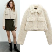 ZARA 화이트 후리스 더블 포켓 숏 크롭 싱글 자켓