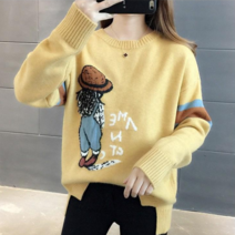 러블로어 여성용 가을 겨울 꼬마뒷모습 소매배색 라운드 니트