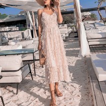 당일배송 핑크베이지 플라워 프린지 엑스 스트랩 포인트 등파임 쉬폰 나시 롱 원피스 S M