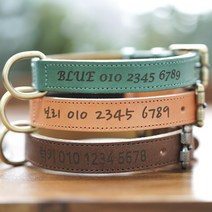 *목줄각인* 강아지 목줄 소/중/대형견 이태리 소가죽 이름표 목줄, 에메랄드