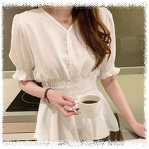 [mag] 블라우스 쇼핑몰 흰색 페플럼 소매 밑단 프릴 카라없는 v넥