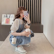 데님 스트랩 멜빵 블라우스 세트 여름 휴가 피서지 롱 여성원피스