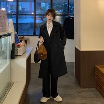 남친룩 빅사이즈 체크 바바리코트 여자 드레이프 트렌치코트 연예인 벨벳 더블 롱 오버핏
