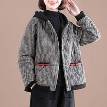 여성 겨울 패딩 자켓 두꺼운 따뜻한 후드 코트 격자 무늬 패턴 느슨한 D412