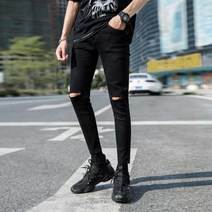 여름 유행 브랜드 남성 찢어진 청바지 슬림 피트 스키니 탄성 학생 한국어 스타일 유행 거지 바지 남성