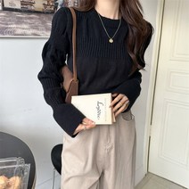 오버클래쓰 여성 라운드넥 니트티셔츠 단색 크롭 캐주얼 프릴