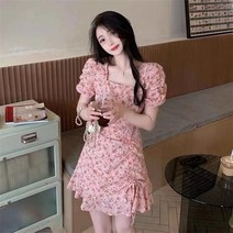 우아한 빈티지 세련된 디자인 Y2k 꽃 프린트 프릴 드레스 여성용 한국 스타일 여름 캐주얼 이브닝 파티 섹