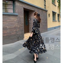 리틀깽스 44~77 패턴 브이넥 랩스타일 퍼프소매 간절기 쉬폰 프릴 롱원피스