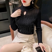 DFMEI 펀칭 소심기 슬림 긴팔 반폴라 밑단 핫픽스 탑