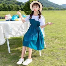 예니브여아 레이어드 단추 A라인 반팔원피스 여름 스커트 +사은품(색상랜덤）