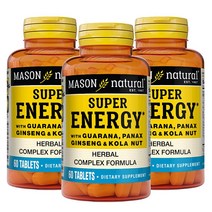 MASON NATURAL 과라나 인삼 및 콜라 너트가 함유된 슈퍼 에너지 최적의 성능 에너지를 지원하는 허브 복합체 포뮬러* 60정 (3팩) 미국직송