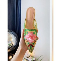 인조퍼 뮬힐 슬리퍼 *Alberta Ferretti*진주 꽃 자수 뾰족한 플랫 밍크 모피 여성용