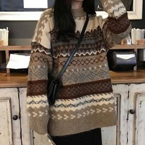 여성용 빈티지 스웨터 풀오버 줄무늬 점퍼 루즈 니트웨어 캐주얼