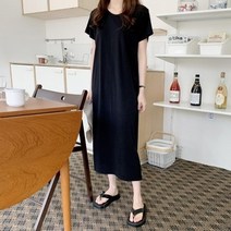 여자 라운드넥 사이드 슬릿 무지면 원피스
