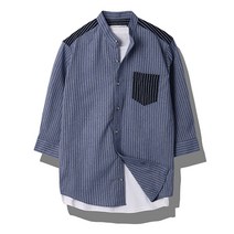 [바이훈] 남성 빅사이즈 블루 스트라이프 비대칭 7부셔츠