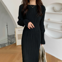 하이블레싱 플리츠 원피스 가을 니트 하객 룩 롱 블랙 돌잔치