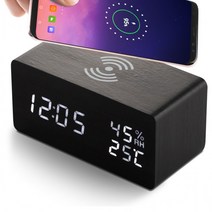 [아답터증정] 무선충전되는 우드 인테리어 온습도 LED 탁상시계, 우드 무선충전 온습도 LED 탁상시계 블랙