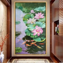 재물복 가지고 입장하는 9마리 잉어 구어도 연꽃 연못 풍경 보석십자수 비즈 큐빅 전체수, 55x90cm