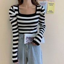 [당일배송] 퀸스 긴팔 스퀘어넥 숄더셔링 슬림 골지니트