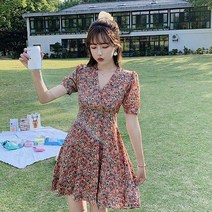 브이넥 로맨틱 플라워 쉬폰 미니 원피스