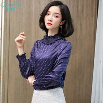 흰색긴팔셔츠 초야 스탠딩카라 플라워 프린팅 새틴 실크 여성 2022 봄가을 캐쥬얼 밴딩 누에실 상의 4787532425