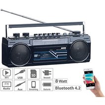 auvisio 레트로 카세트 레코더: 레트로 붐박스 카세트 플레이어 라디오 USB SD 및 블루투스 8와트(게토 블래스터)-25095