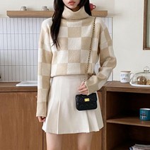 마롱패션 체크 무늬 터틀넥 니트 폴라 반폴라 베이지 블랙 그레