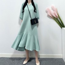 매일리룩 빅사이즈 브이넥 훌 플레어 A라인 프릴 롱 원피스