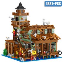 레고 호환 MOC 도시 오래된 낚시 가게 부두 어부 캐빈 미니 사이즈 빌딩 블록 아이디어 스트리트 뷰 나무, 01 1881pcs no box