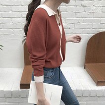 라라벨 여성 베이직 심플 카라넥 배색 봄 가을 니트 가디건