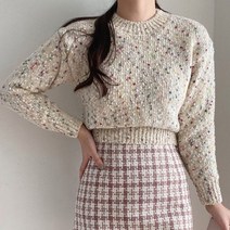 tad01 컬러풀 러블리 라운드 배색실 팝콘 크롭 니트