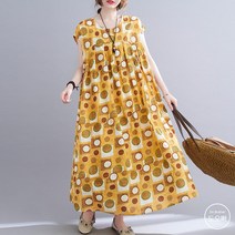 도오빠 여성 롱 원피스 반팔 땡땡이 통원피스 오버핏 라운드넥 여자롱원피스