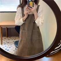 여성 코듀로이 롱 원피스 드레스 슈트 프렌치 레트 코듀이 미들 길이 서스펜더 스커트 올