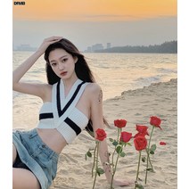 여름 니트 홀터넥 나시 여 아우터 디자인 핫멜로우 크롭 쇼트 탑