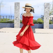 탑트레일/여자 여름 휴양지룩 바캉스룩 레드 프릴 레이스 언벨런스 오프숄더 비치 원피스