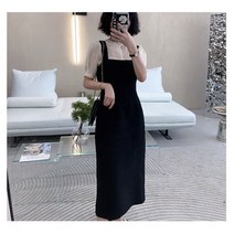 퍼프소매셔츠+블랙멜빵원피스투피스