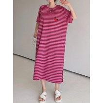 F006306 (빅사이즈) 앵두 단가라 루즈핏 롱원피스 스트라이프