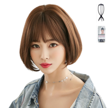제뉴리스 C컬 펌 단발 헤어 전체가발 통가발 +가발망+거치대 세트, 초코브라운