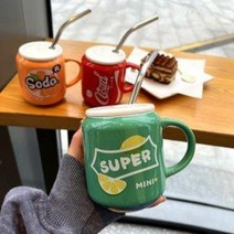 코카콜라 빈티지 세라믹컵 코카콜라굿즈 캔모양, 핑크세라믹컵유리빨대
