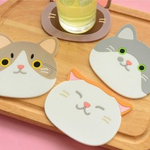 실리콘 컵받침 4p 고양이 캐릭터 티코스터, 컵받침 기분업 야옹이 4p