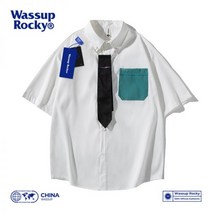 WASSUP ROCKY 학원풍 반팔 셔츠 남조패 루즈핏 커플 건달룩 코디셔츠 여름 얇은