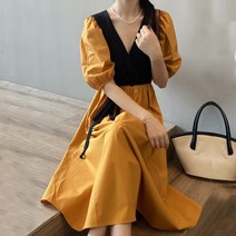 아이엠몽 여성 퍼프 소매 V넥 실크 슬리브 롱 배색 원피스 바캉스 모임룩 비크림