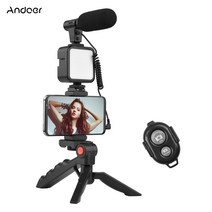 Andoer 휴대용 스마트폰 유튜브 촬영 장비 키트 마이크 키트(삼각대 + D-05 마이크 + 셔터 리모콘 + LED 촬영 조명 + 스마트폰 거치대), KIT-01LM