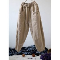 홈쇼핑무선청소기 부품 부속 여성 레트로 솔리드 컬러 리넨 탄성 허리 루스 바지 숙녀 빈티지 하렘, 싱글 사이즈, Beige