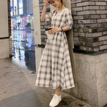 헤야 체크 허리끈 원피스 빅사이즈 일상룩 롱 원피스